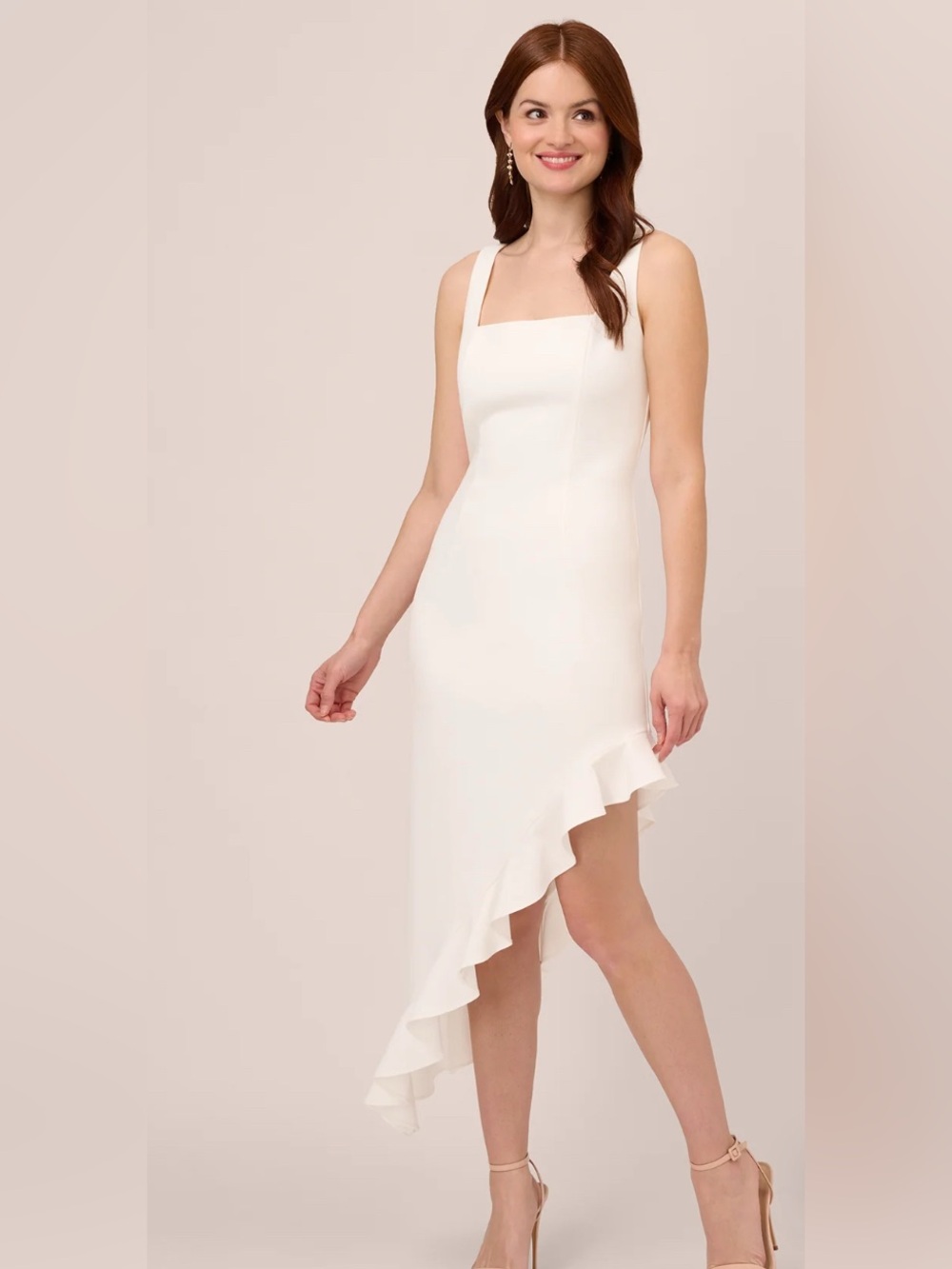 Adrianna Papell elegant sleeveless square neck asymmetrical ruffle midi dress 10